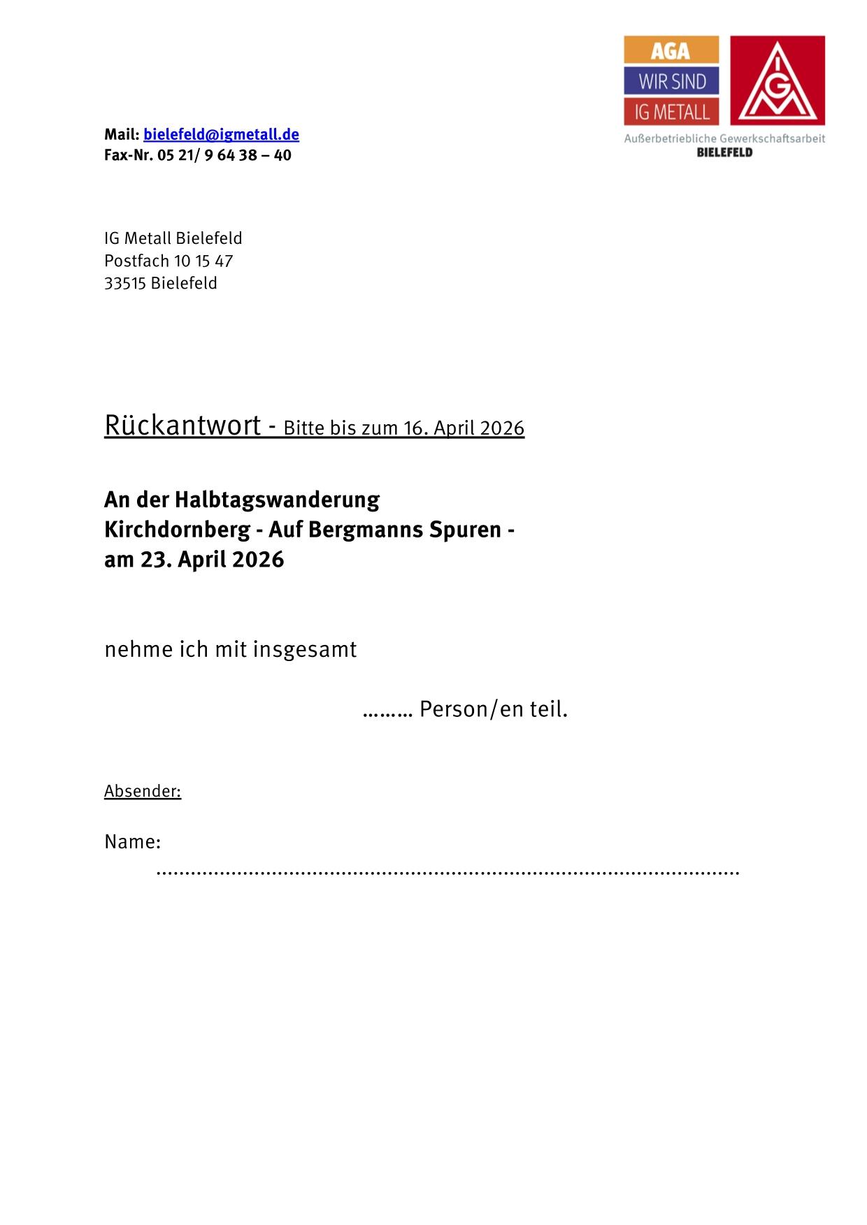 Anmeldung Wanderung Kirchdornberg