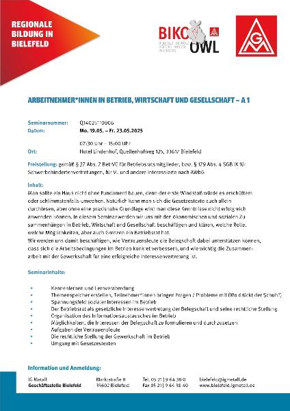 Arbeitnehmer in betrieb, Wirtschaft und Gesellschaft (A1), 19.05.-23.05.2025
